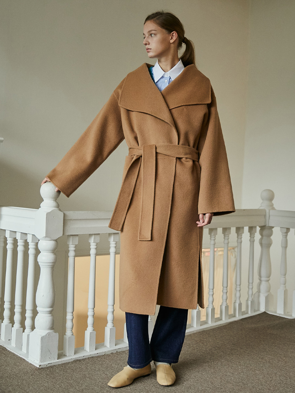 (Camel)[Handmade Goose Down]Audrey Shawl Collar Belted Coat