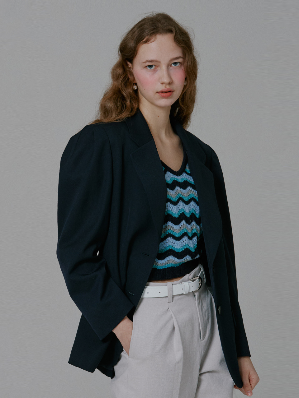 Monica Puff Shoulder Wool Jacket_Navy