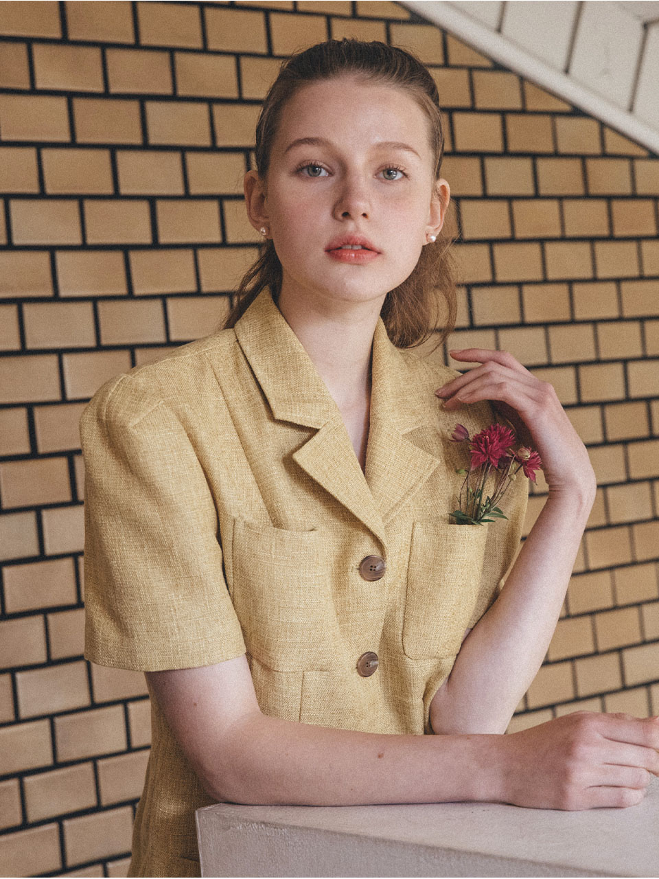 [5/31 순차배송]Katherine Half Sleeve Tweed Jacket_Yellow