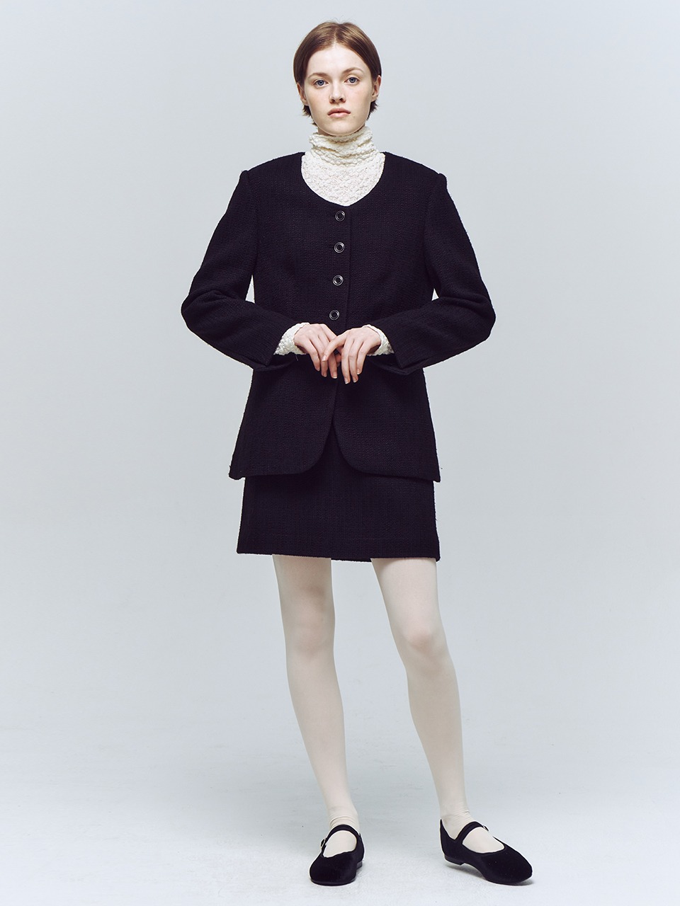 [SET] U-Neck Tweed Jacket &amp; Skirt